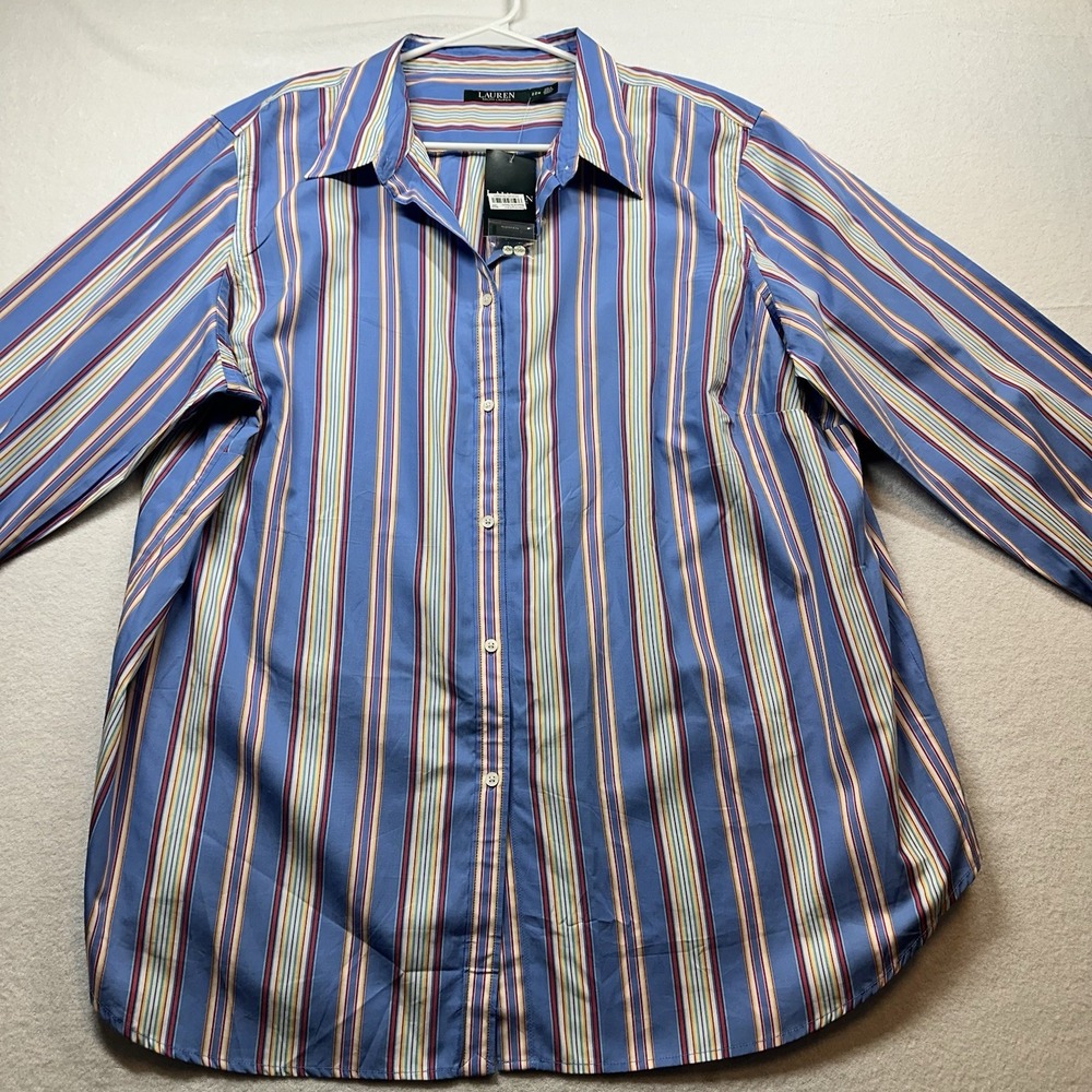 Ralph Lauren 22W Blue Stripe Button Up Shirt 3/4 Sleeve NWT